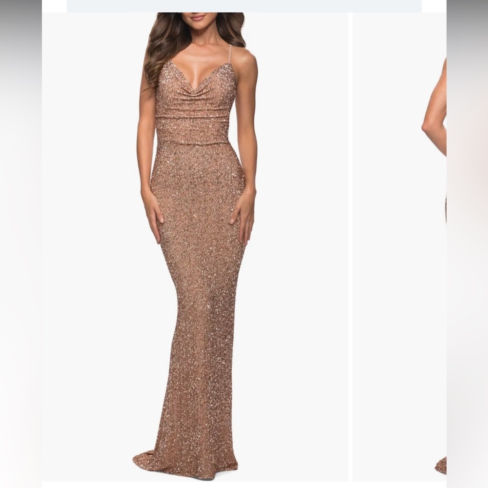 La Femme Drape Neck Sequin Gown